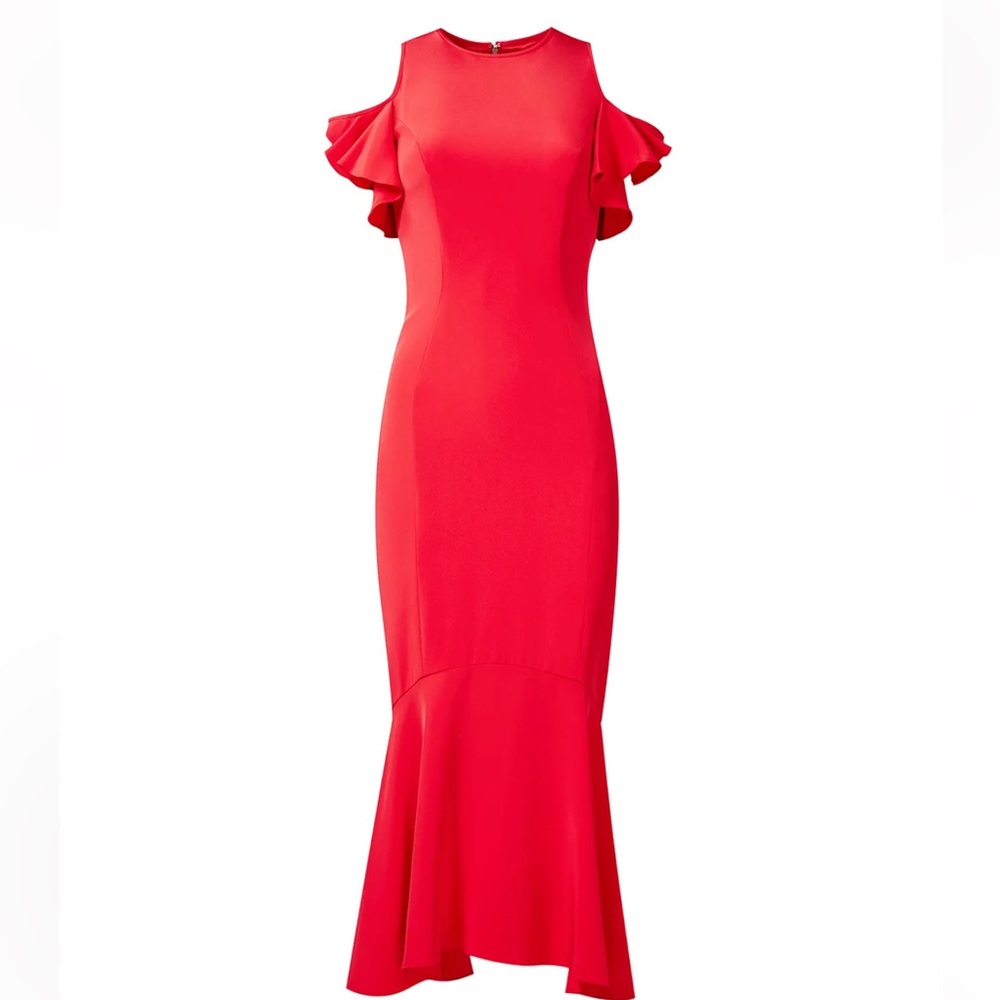 $650 THEIA RED GERANIUM SILK LOVE RUFFLE RUNWAY DRESS GOWN US 4